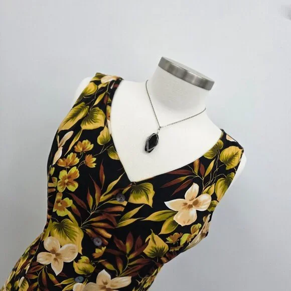 Vtg Scarlett Sleeveless Maxi Dress Womens 14 Black Yellow Hawaiian Floral Y2K - Picture 6 of 13